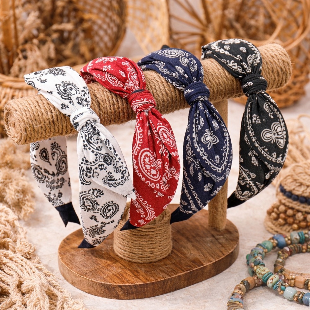 Paisley Print Bandana Bow Headbands (Pick 1) Red White Blue Black Boho Whimsical